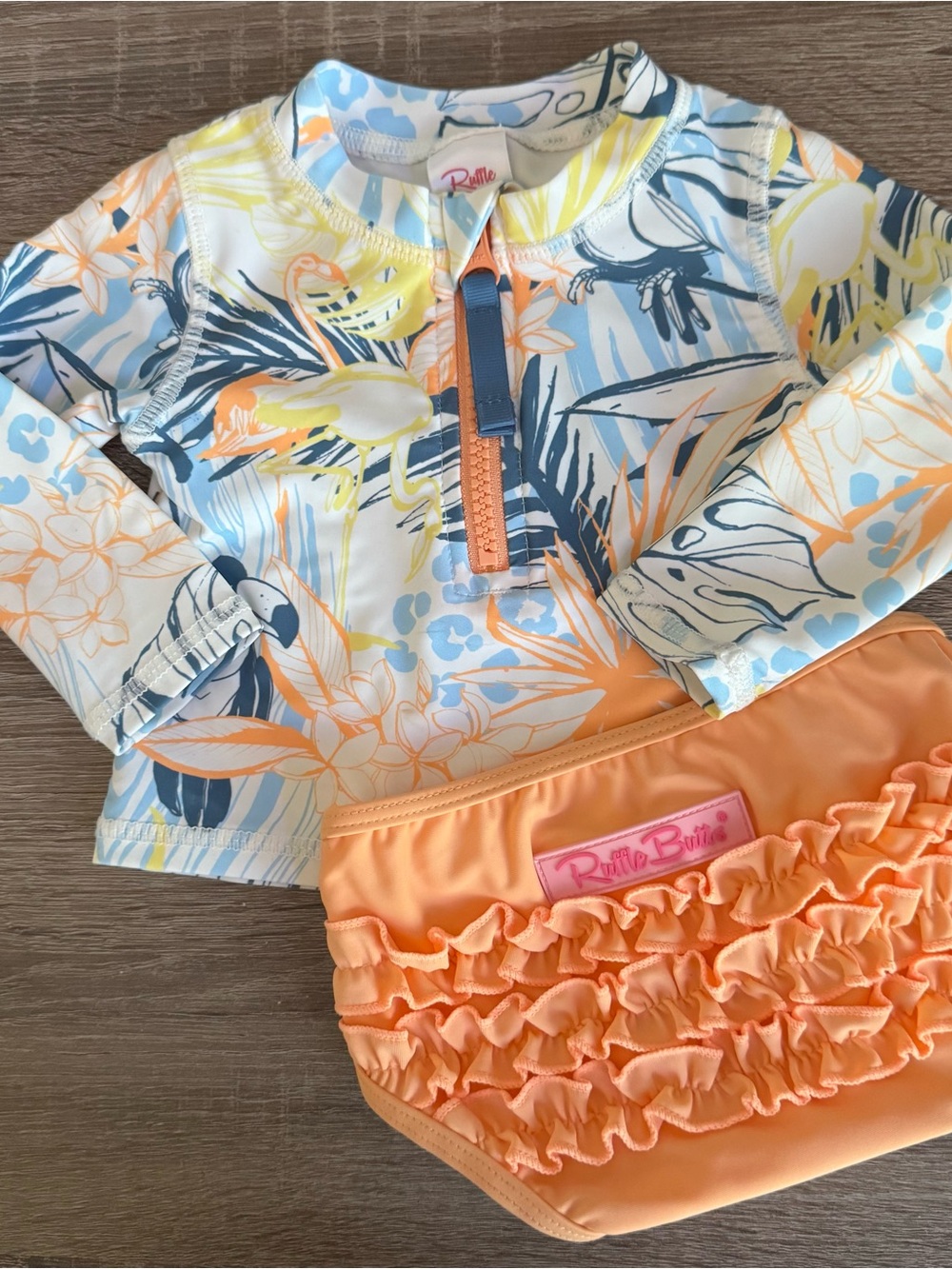 RUFFLE BUTTS | Peach Orange Floral Long Sleeve Rashguard Set Size 6-12 months